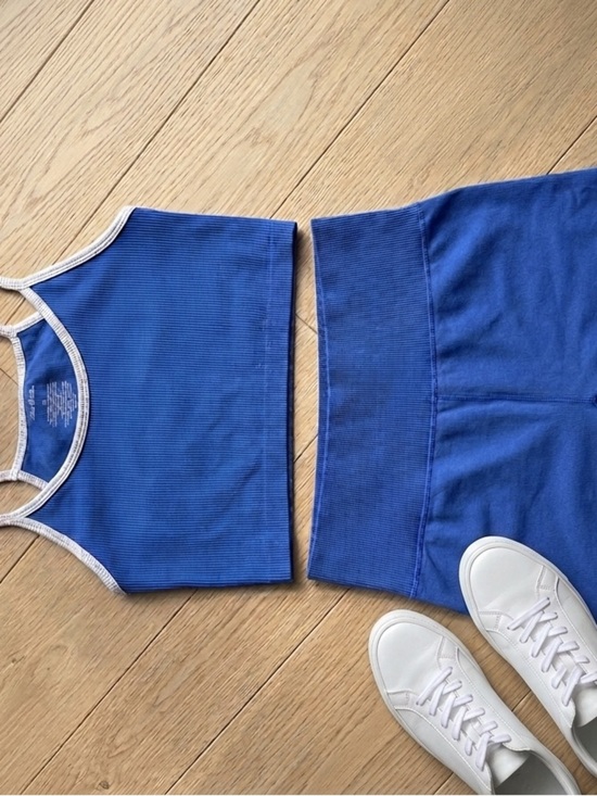 Pants - Blue Ribbed Crop Tank Shorts Set Y2K Sporty Athleisure S